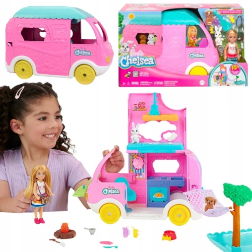 BARBIE CHELSEA KAMPER 2W1 ROZKŁADANY ZESTAW MAŁA LALKA KEMPING + AKCESORIA