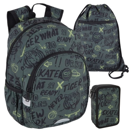 Coolpack Zestaw Przedszkolny Szkolny Plecak Toby Mały Piórnik Jumper 3 Potrójny Trzykomorowy Z Wyposażeniem Worek Na Buty Obuwie Vert Tiger