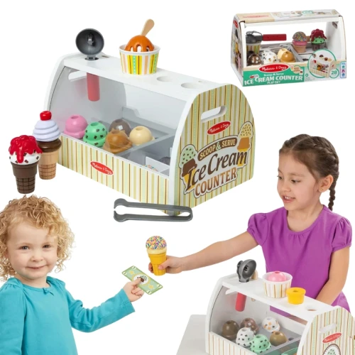 Melissa & Doug Zabawkowy Drewniany Zestaw Scoop & Serve Lody Lodziarnia 28 Elementów 3+