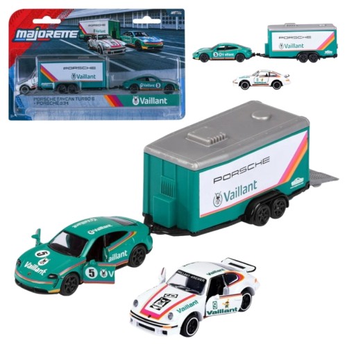 Majorette Racing Deluxe Zestaw 2 Pojazdów + Przyczepa Autka Samochodziki Porsche Taycan Turbo S + Porsche 934