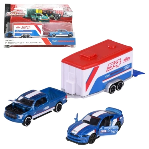 Majorette Racing Deluxe Zestaw 2 Pojazdów + Przyczepa Autka Samochodziki Ford F-150 Raptor + Ford Mustang GT