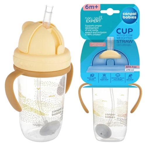 Canpol Babies Kubek Niekapek Dla Dzieci z Rurką i Odważnikiem Zółty 270 ml 