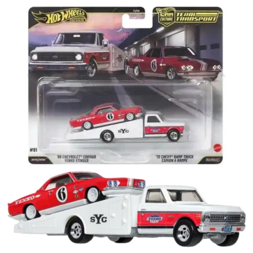 Hot Wheels Premium Team Transport Zestaw Dwupak Autek Pojazdów '66 Chevrolet Corvair Yenko Stinger & '72 Chevy Ramp Truck Camion A Rampe