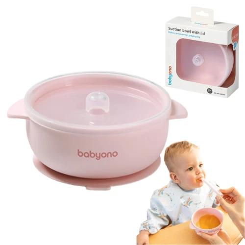 Babyono Silikonowa Miseczka Miska Dla Dzieci Z Przyssawką I Przykrywką Różowa