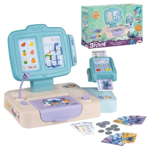 Disney Stitch Kasa Fiskalna Z Czytnikiem Kart Banknoty 26 Akcesoriów Smoby