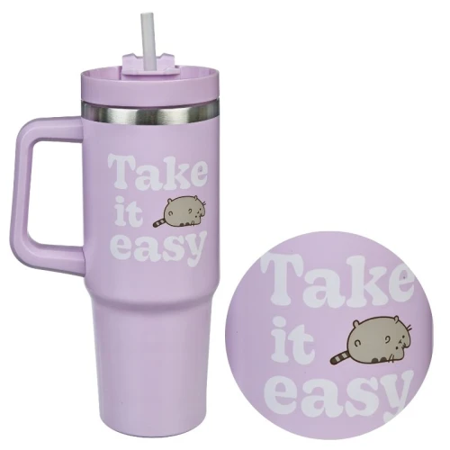 Duży Kubek Termiczny Stalowy Izolowany Ze Słomką Liliowy Pusheen Z Zakrętką 880ml