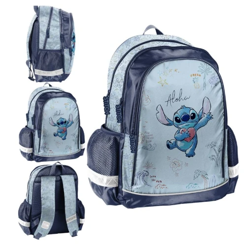 Paso Plecak Szkolny Młodzieżowy Do Szkoły Trzykomorowy Duży Pojemny  Odblaski A4 Stitch Aloha Niebieski