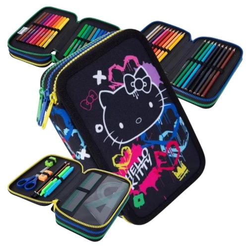 Piórnik Szkolny Hello Kitty Czarny Neon Coolpack Jumper 3 Z Pełnym Wyposażeniem Trzykomorowy Rozkładany Do Szkoły