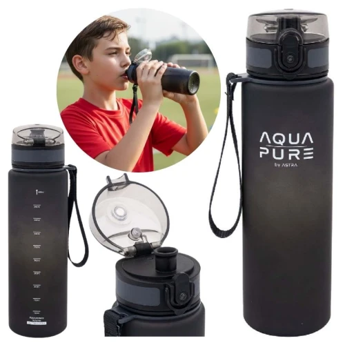 Astra Aqua Pure Bidon Na Wodę Butelka Do Picia Wody Duża Szkolna Treningowa Bez BPA 600ml Czarny