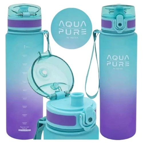 Astra Aqua Pure Bidon Na Wodę Butelka Do Picia Wody Duża Szkolna Treningowa Bez BPA 600ml Miętowo-Fioletowa