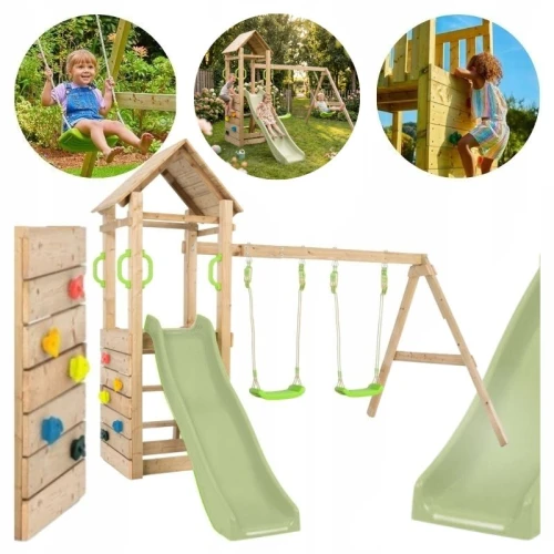 TP Toys Drewniany Plac Zabaw Zjeżdżalnia 2 Huśtawki Ścianka Wspinaczkowa Do Ogrodu Khaki