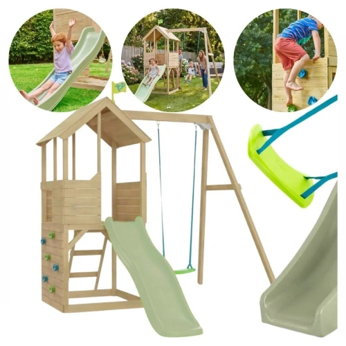 Plac Zabaw Dla Dzieci TP Toys Treehouse Drewniany Do Wspinaczki Ścianka Wspinaczkowa Huśtawka Zjeżdżalnia Khaki
