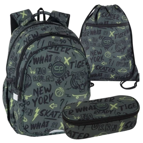 Zestaw Szkolny 3w1 Coolpack Plecak Trzykomorowy Pojemny + Piórnik Saszetka Etui Z Klapką + Worek Na Buty Obuwie Sportowy WF Tiger