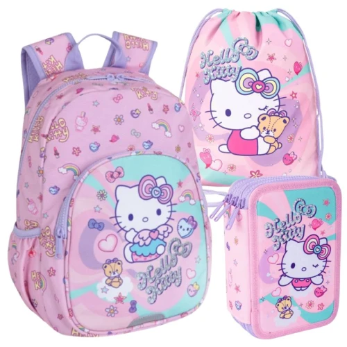 Zestaw Przedszkolny Wycieczkowy 3w1 Coolpack Plecak Mały Dziecięcy + Piórnik Potrójny Z Wyposażenem + Worek Na Buty Obuwie Sportowy WF Hello Kitty