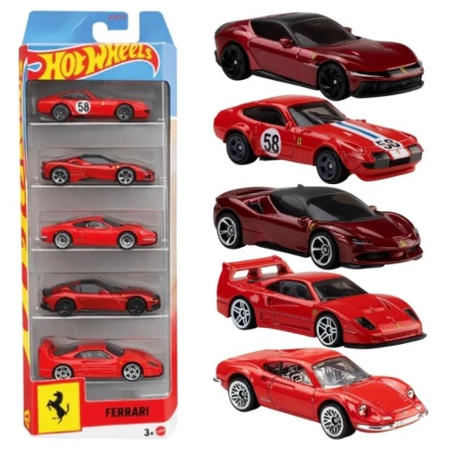 Hot Wheels Zestaw 5 Autek Ferrari Pojazdy 5-pak Samochody Wyścigowe Autka Kolekcjonerskie