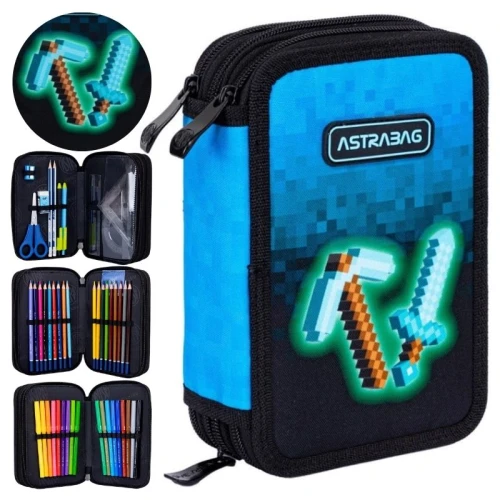 Astra Piórnik Jumbo Szkolny Potrójny Trzyklapkowy Z Wyposażeniem Etui Z Przyborami Szkolnymi Blue Pixel