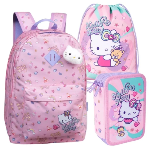 Zestaw Szkolny 3w1 Coolpack Plecak Młodzieżowy Pojemny Scout + Piórnik Trzykomorowy Z Wyposażeniem + Worek Na Buty Obuwie Sportowy WF Hello Kitty Pink
