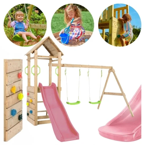 TP Toys Drewniany Plac Zabaw Zjeżdżalnia 2 Huśtawki Ścianka Wspinaczkowa Do Ogrodu Różowa