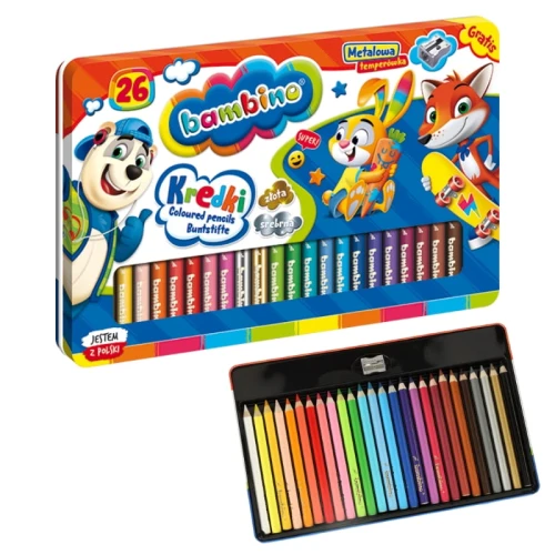 OUTLET! Bambino Kredki Ołówkowe Szkolne 26 Kolorów W Metalowym Pudełku + Temperówka