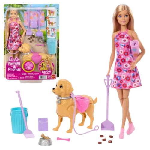 OUTLET! Barbie Family&Friends Spacer Z Pieskiem Czyścioszkiem Lalka + Akcesoria 3+