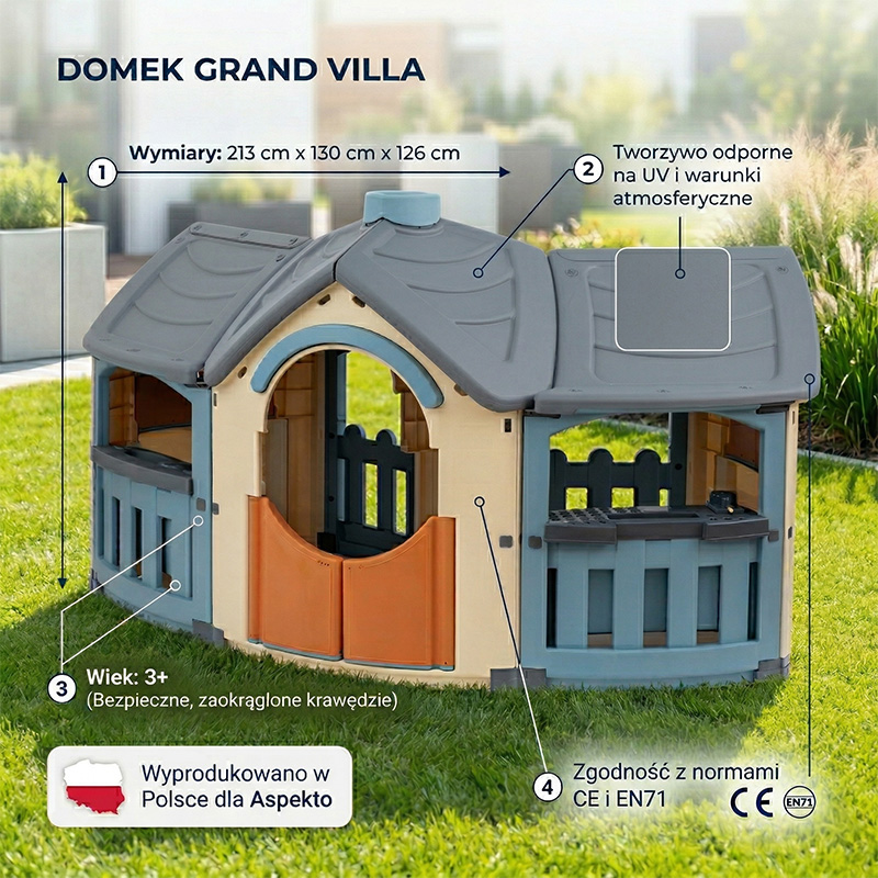 Zestaw Ogrodowy 2w1 Grand Villa Ekskluzywny Duży Domek Na Ogród z Kuchnią i Warsztatem + Piaskownica Muszla Basen