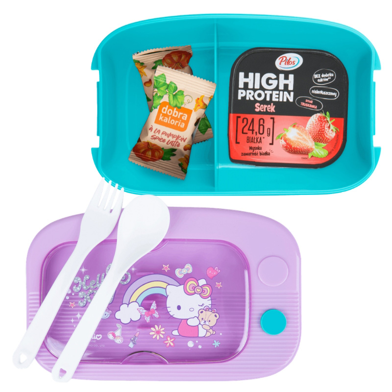 Pojemnik na jedzenie dla dziecka Coolpack Hello Kitty różowo-niebieska ze sztućcami z zawartością 1100 ml