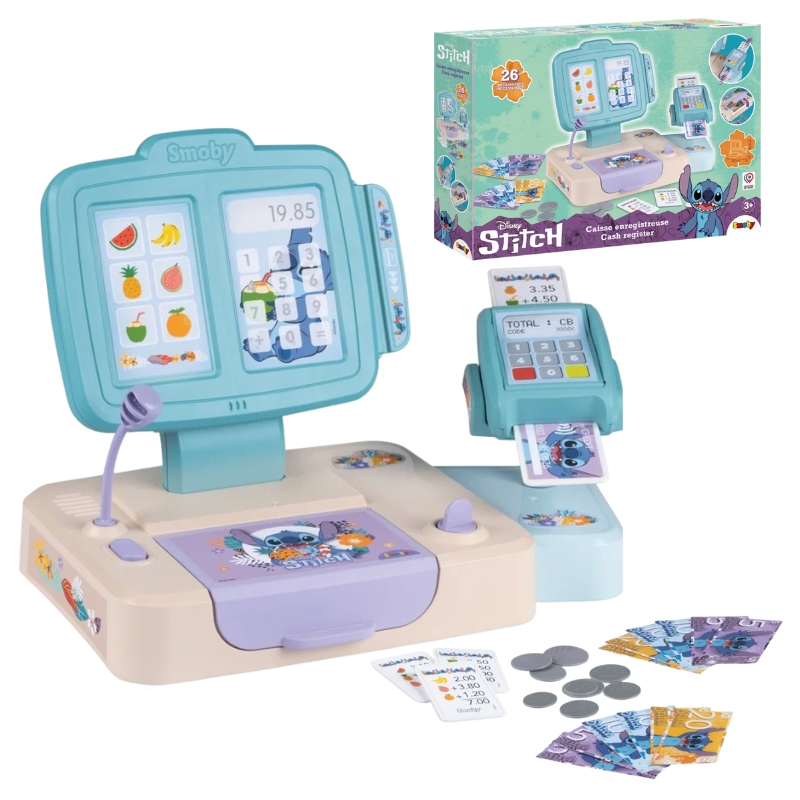 Disney Stitch Kasa Fiskalna Z Czytnikiem Kart Banknoty 26 Akcesoriów Smoby