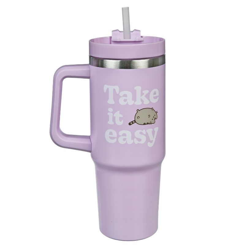 Duży Kubek Termiczny Stalowy Izolowany Ze Słomką Liliowy Pusheen Z Zakrętką 880ML