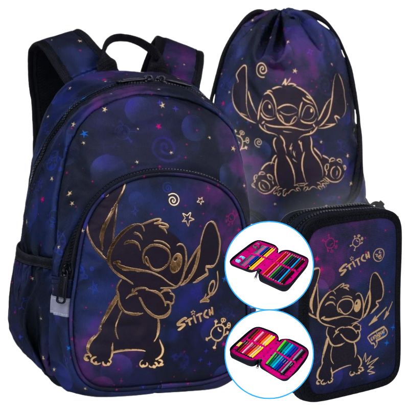 Zestaw Szkolny Dla Dziecka Coolpack Disney Gold Stitch 3w1 Pojemny Plecak Do Szkoły Do Przedszkola Worek Na Buty Na Obuwie Piórnik Z Wyposażeniem