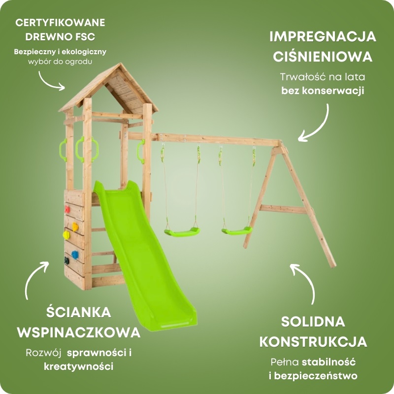 TP Toys Drewniany Plac Zabaw Zjeżdżalnia 2 Huśtawki Ścianka Wspinaczkowa Do Ogrodu