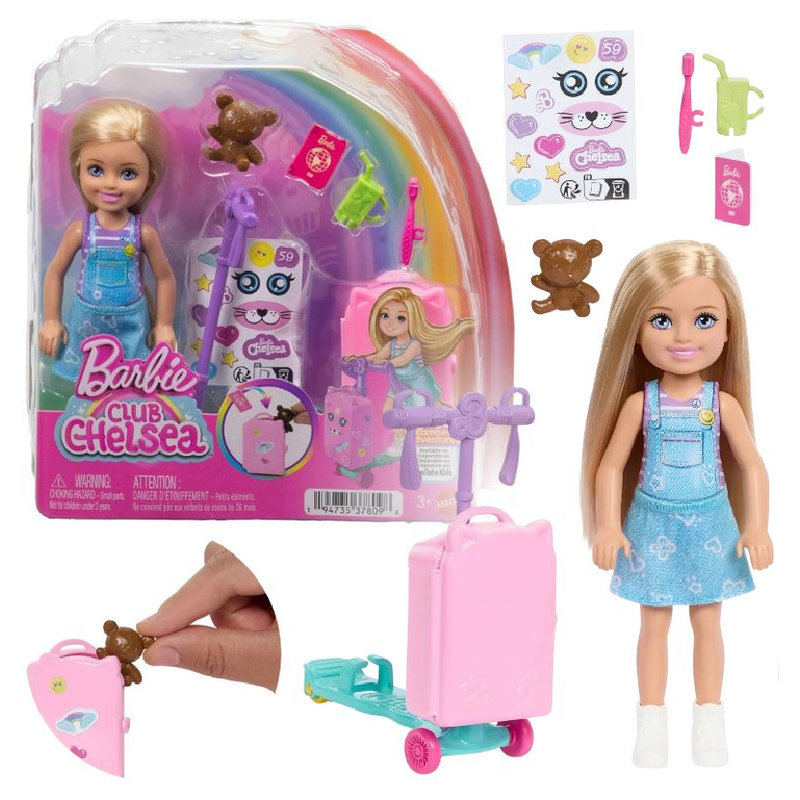 Barbie Chelsea W Podróźy Zestaw Walizka Akcesoria Naklejki Miś Lalka Dla Dzieci 3+ 