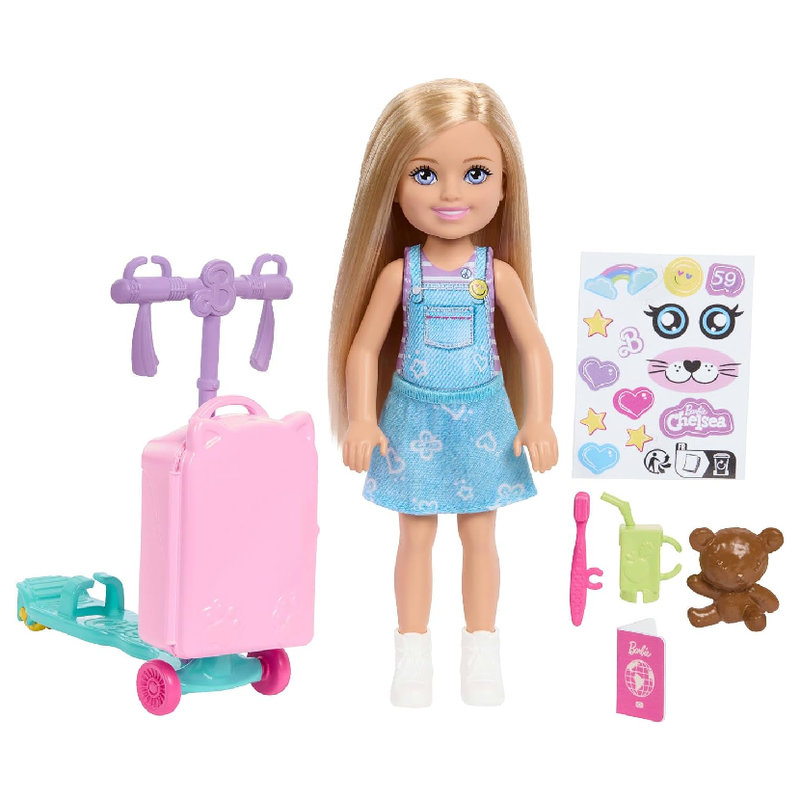 Barbie Chelsea W Podróźy Zestaw Walizka Akcesoria Naklejki Miś Lalka Dla Dzieci 3+ 