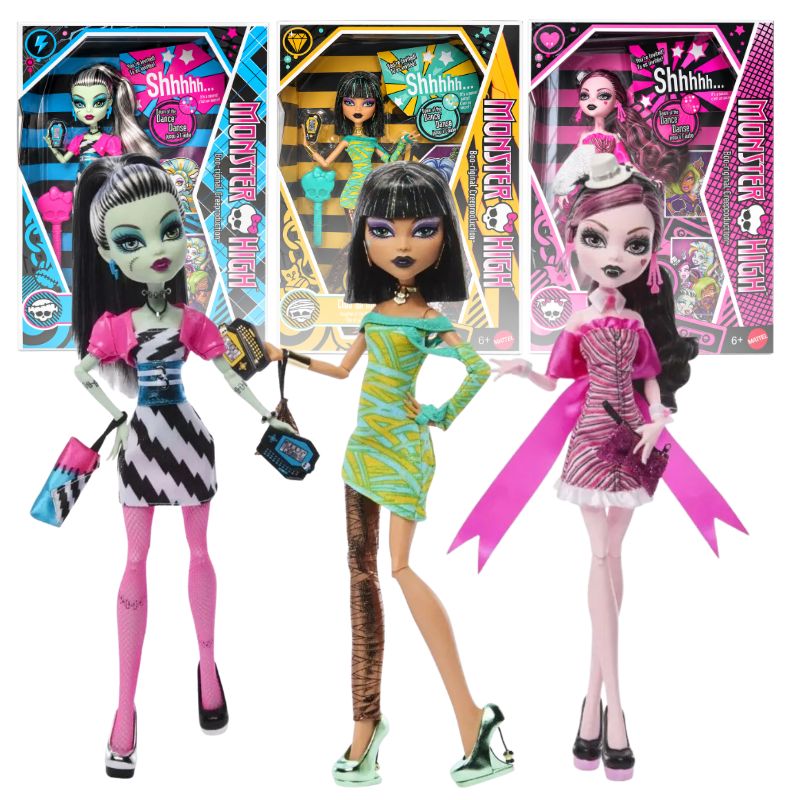 Zestaw 3 Lalek Kolekcjonerskich Monster High Dawn of the Dance 2026 Laleczka Modowa + Akcesoria Oryginalna Frankie Stein JKM46 Cleo De Nile JKM47 Draculaura JMG89