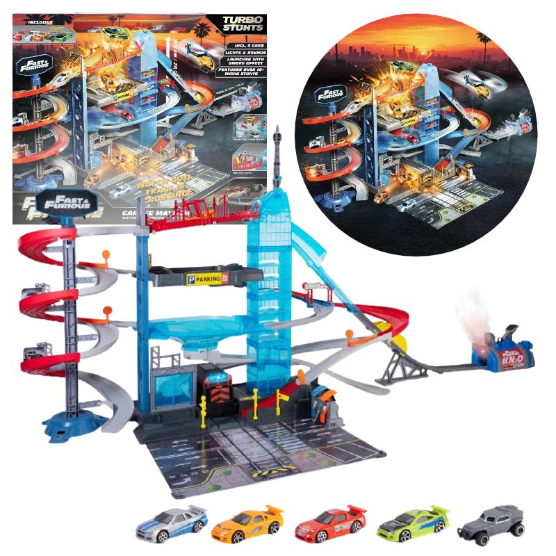 Dickie Toys Fast & Furious Zestaw Mega Garaż Parking Turbo + 5 Autek Szybcy i Wściekli Autka 3+ 