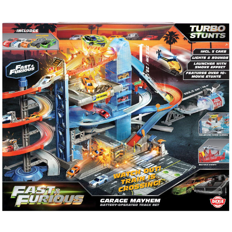 Dickie Toys Fast & Furious Zestaw Mega Garaż Parking Turbo + 5 Autek Szybcy i Wściekli Autka 3+ 